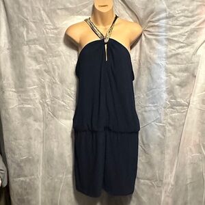 Bisou Bisou Strapless Navy Dress with Gold Accents